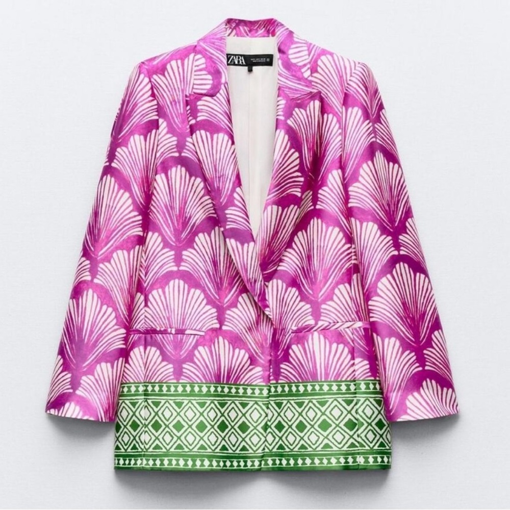 NWT Zara Women’s Satin‎ Effect Printed Blazer Jacket Green Purple White Medium - Picture 5 of 9